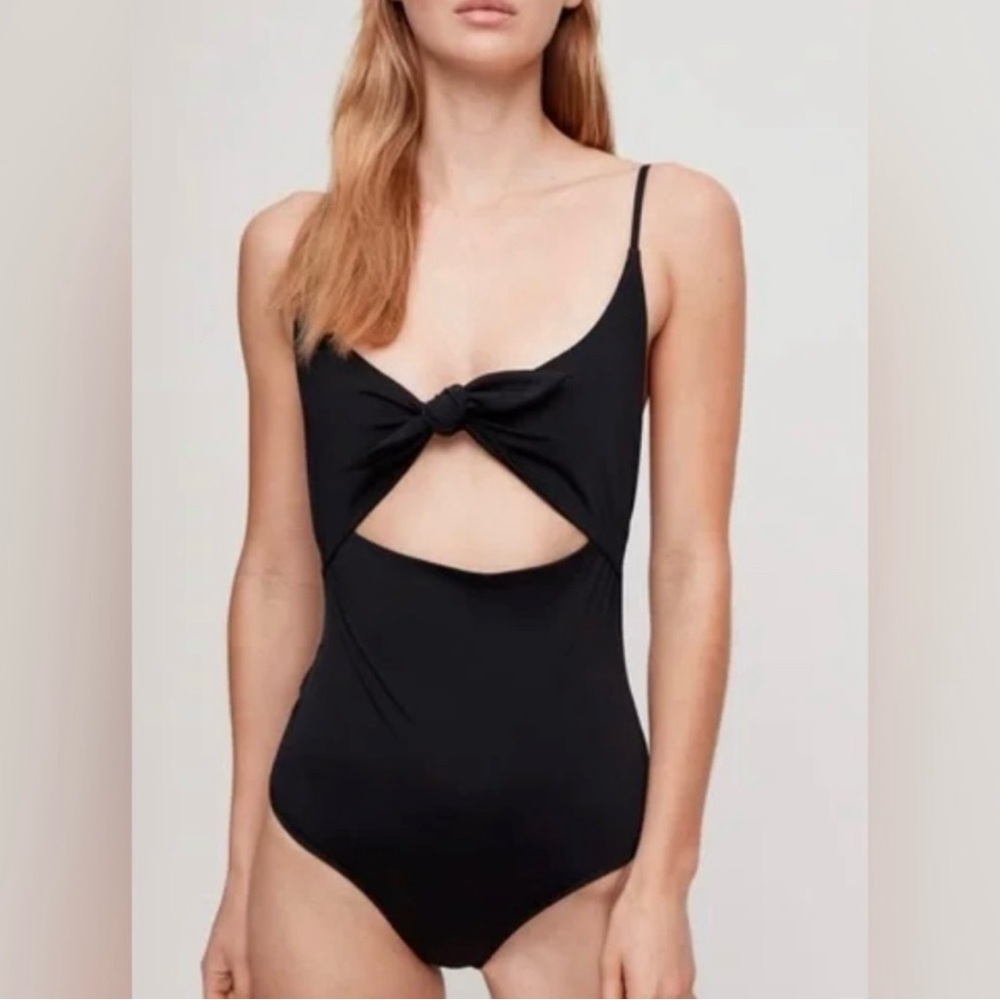 NWT Wilfred Noe Bodysuit One Piece Swim Suit Black Front Tie Cut Out Black